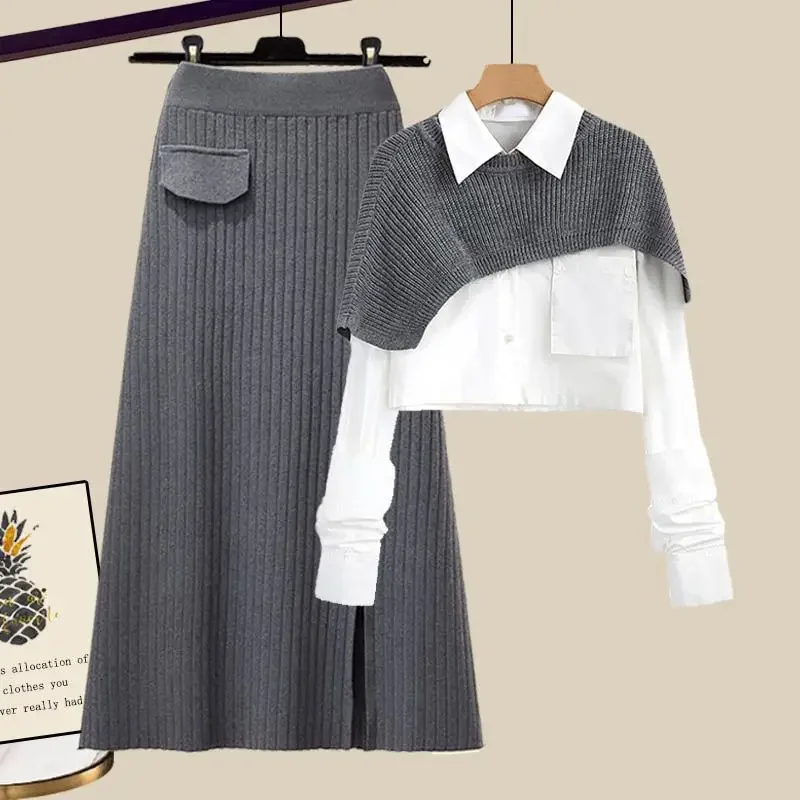 Women's Autumn Dress Sets Female Loose Knit Shawl+Long sleeve Shirt+High Waist Knitted Half Skirt Three Piece Set Korean Fashion
Women's Autumn Dress Sets Female Loose Knit Shawl+Long sleeve Shirt+High Waist Knitted Half Skirt Three Piece Set Korean Fashion