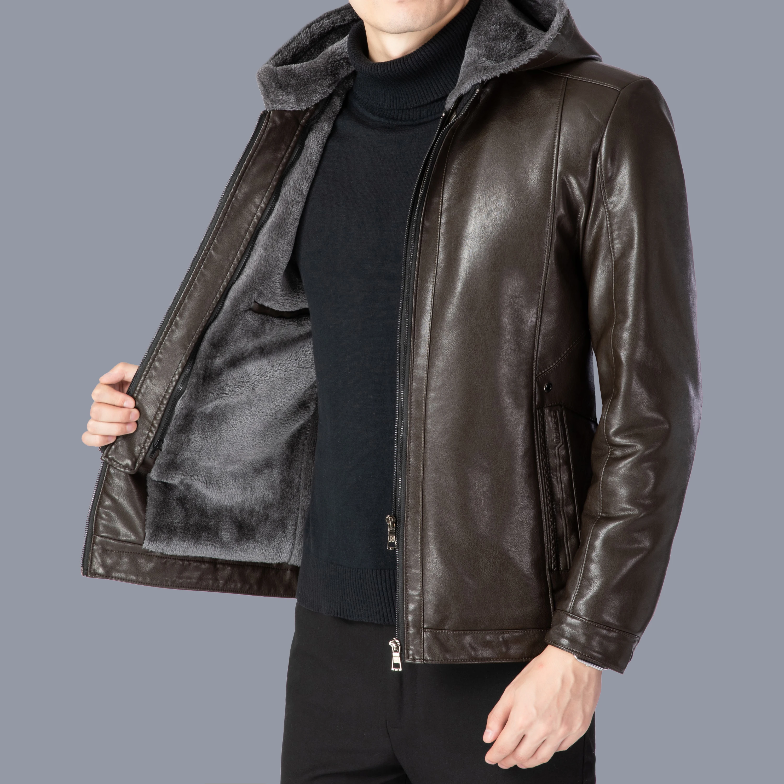 Solid Color 2023 Winter Casual Fleece Thick Warm Hooded Leather Jacket Hat Detachable Men's Business Fur Lining PU Leather Coats
Solid Color 2023 Winter Casual Fleece Thick Warm Hooded Leather Jacket Hat Detachable Men's Business Fur Lining PU Leather Coats