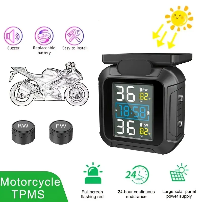 Solar-powered motorcycle tire pressure monitoring system equipped with 2 external sensors and 1 LCD display for motorcycle tire
Solar-powered motorcycle tire pressure monitoring system equipped with 2 external sensors and 1 LCD display for motorcycle tire