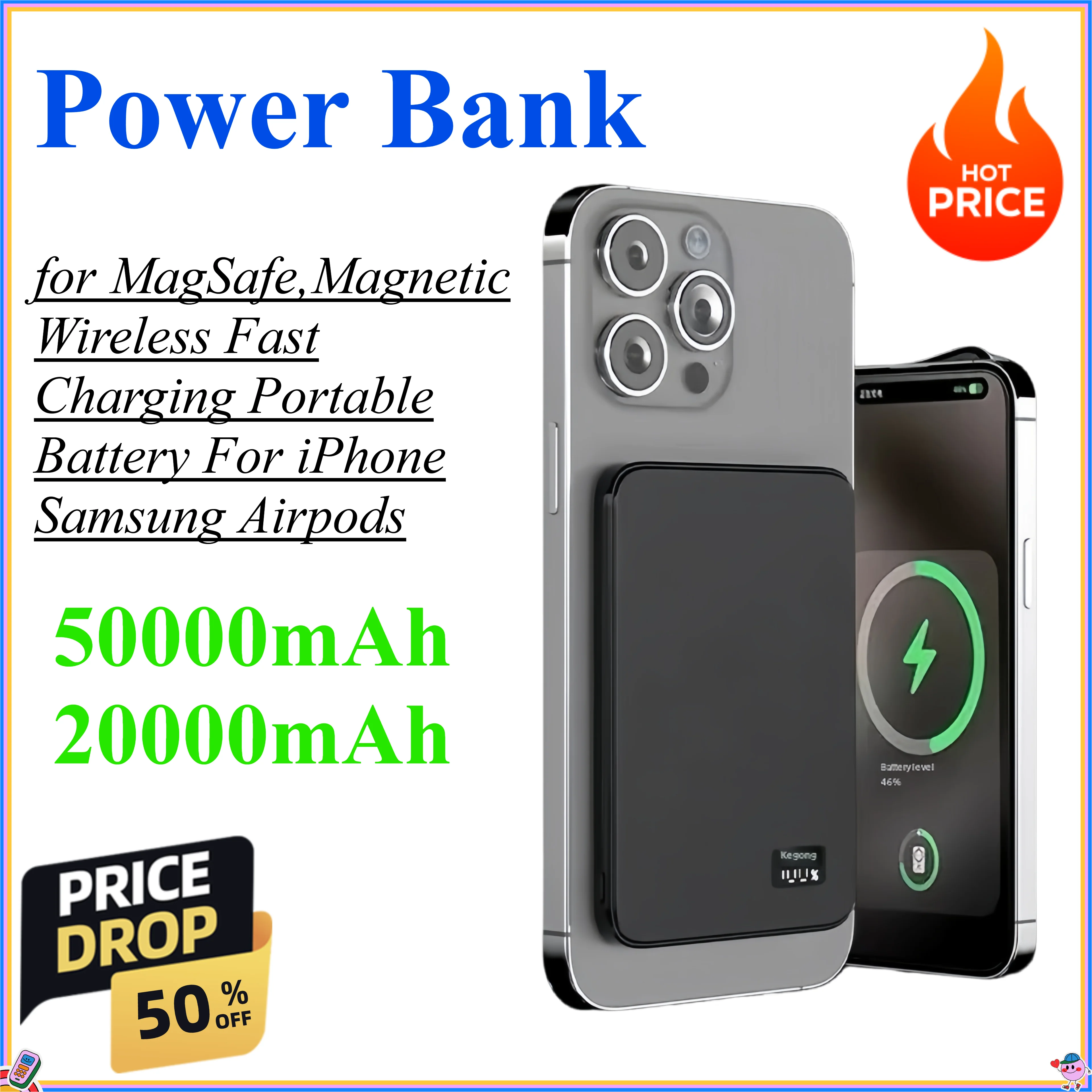 50000mAh 20000mAh Thin Power Bank for MagSafe,Magnetic Wireless Fast Charging Portable Battery For iPhone Samsung Phone Airpods
50000mAh 20000mAh Thin Power Bank for MagSafe,Magnetic Wireless Fast Charging Portable Battery For iPhone Samsung Phone Airpods