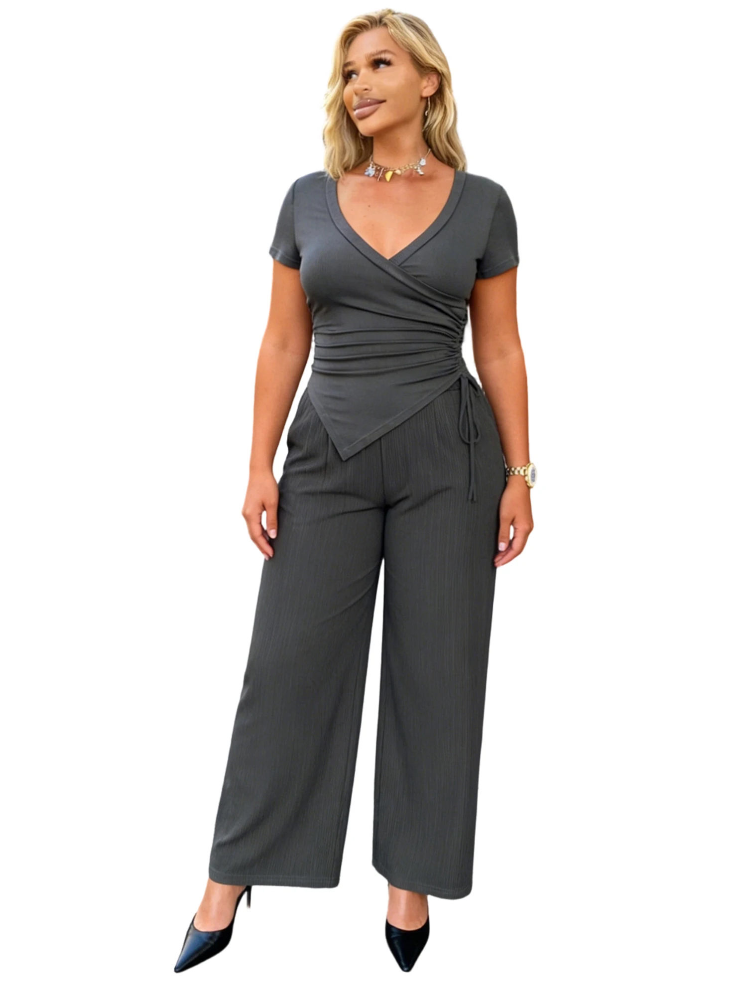 Women s Plus Size Pants Set Stylish Solid Color Side Strap V Neck Short Sleeve Tops and Straight Leg Pants 2 Pcs Set
Women s Plus Size Pants Set Stylish Solid Color Side Strap V Neck Short Sleeve Tops and Straight Leg Pants 2 Pcs Set