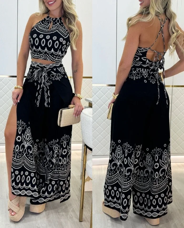 2 Pieces Outfits Tribal Print Keyhole Neck Sleeveless Top and Wide Leg Tied Detail Slit Pants Sets new fashion 2025
2 Pieces Outfits Tribal Print Keyhole Neck Sleeveless Top and Wide Leg Tied Detail Slit Pants Sets new fashion 2025