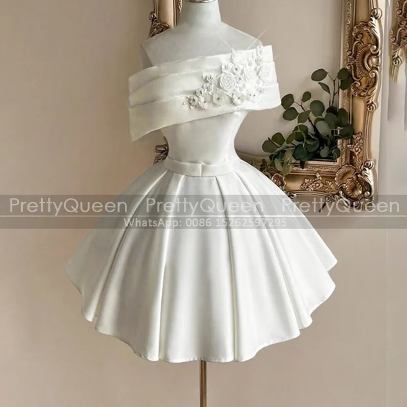 Customized Short Bridesmaid Dresses Puffy A Line Floral Appliques Off Shoulder White Satin Mini Wedding Party Dress
Customized Short Bridesmaid Dresses Puffy A Line Floral Appliques Off Shoulder White Satin Mini Wedding Party Dress