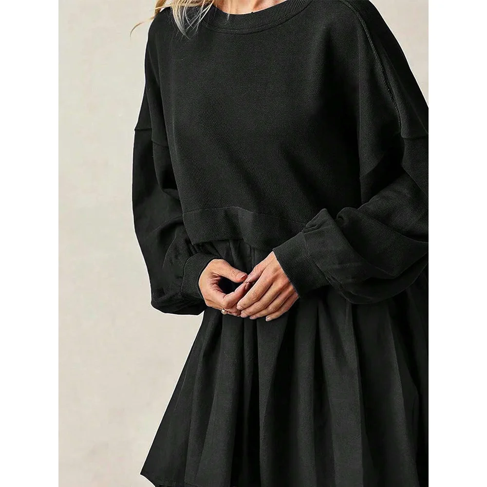 Mia Muse Women's Dresses Autumn Daily Basic Plain Loose Fit Drop-Shoulder Sleeve Crew Neck Mini Pleated Casual Dresses Mia Muse Women's Dresses Autumn Daily Basic Plain Loose Fit Drop-Shoulder Sleeve Crew Neck Mini Pleated Casual Dresses