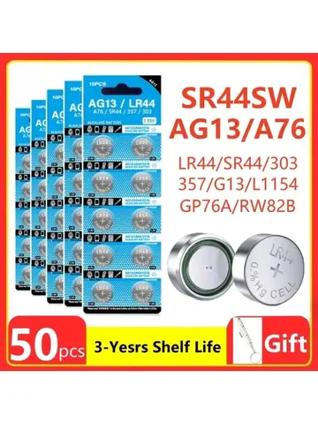 50PCS AG13 LR44 A76 357A Button Cell Coin Alkaline Battery 1.55V SR44SW L1154 SP76 pila 357 303 for Watches Toys No Mercury
