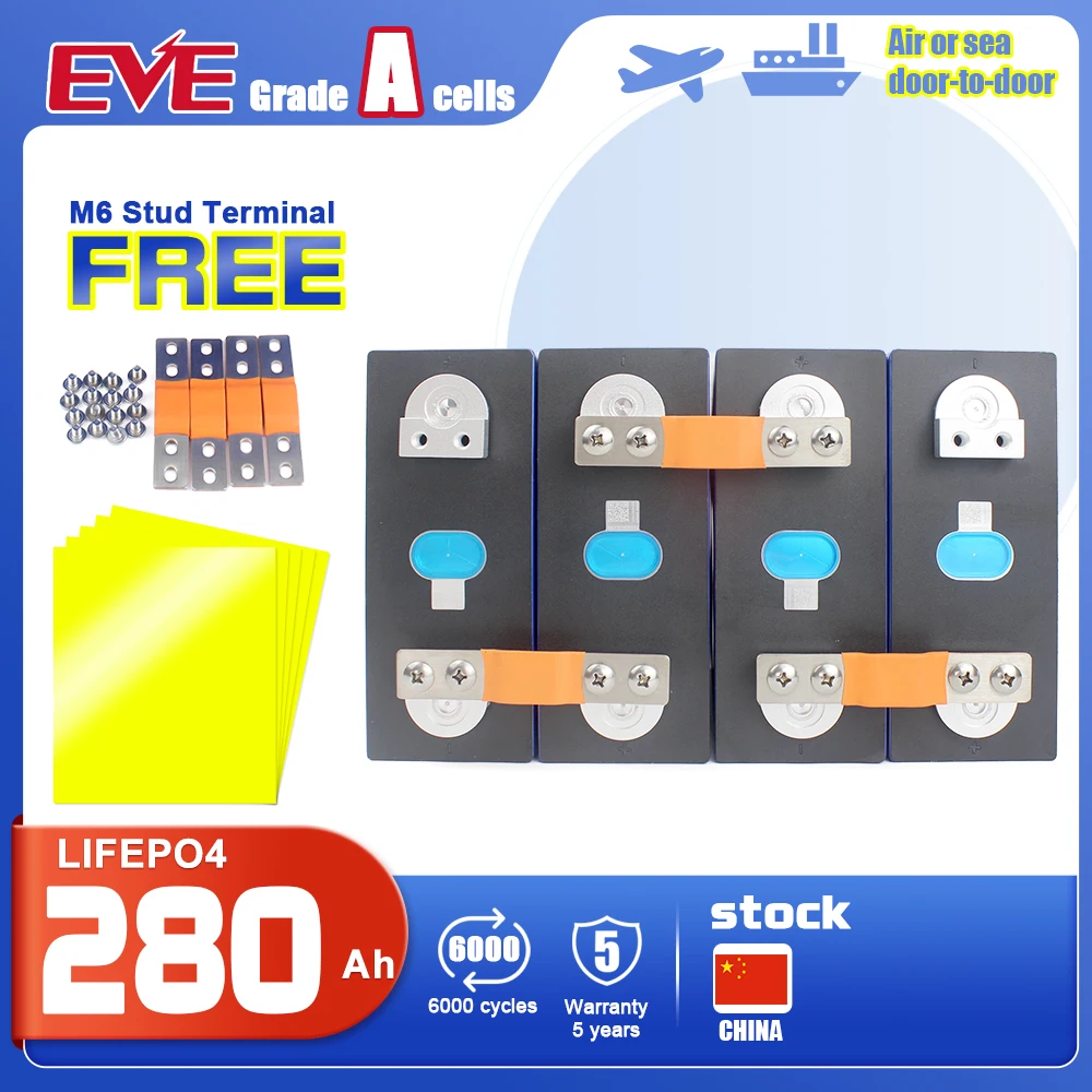 EVE 3.2V 280Ah A Grade Lifepo4 Prismatic Batteries Rechargeable Cell 4-16PCS For DIY Power Bank Energy Storage Solar Wind System
EVE 3.2V 280Ah A Grade Lifepo4 Prismatic Batteries Rechargeable Cell 4-16PCS For DIY Power Bank Energy Storage Solar Wind System