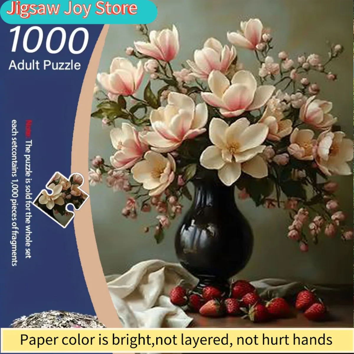 Пазл для взрослых на 1000 элементов - Большая черная ваза с розовыми и белыми цветами, похожими на магнолию, и красными ягодами в стиле масляной живописи
Пазл для взрослых на 1000 элементов - Большая черная ваза с розовыми и белыми цветами, похожими на магнолию, и красными ягодами в стиле масляной живописи