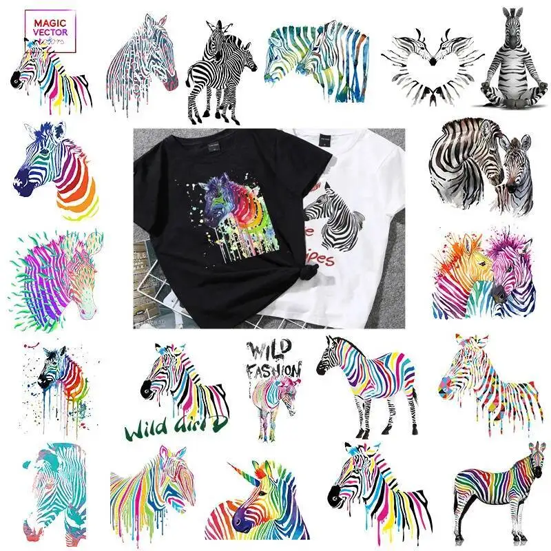 Colors Zebras Animal Patches Diy Appliqued Heat Transfer Tops Fashion Vinyl Sticker On Clothes Man Woman T-Shirt Stickers
Colors Zebras Animal Patches Diy Appliqued Heat Transfer Tops Fashion Vinyl Sticker On Clothes Man Woman T-Shirt Stickers