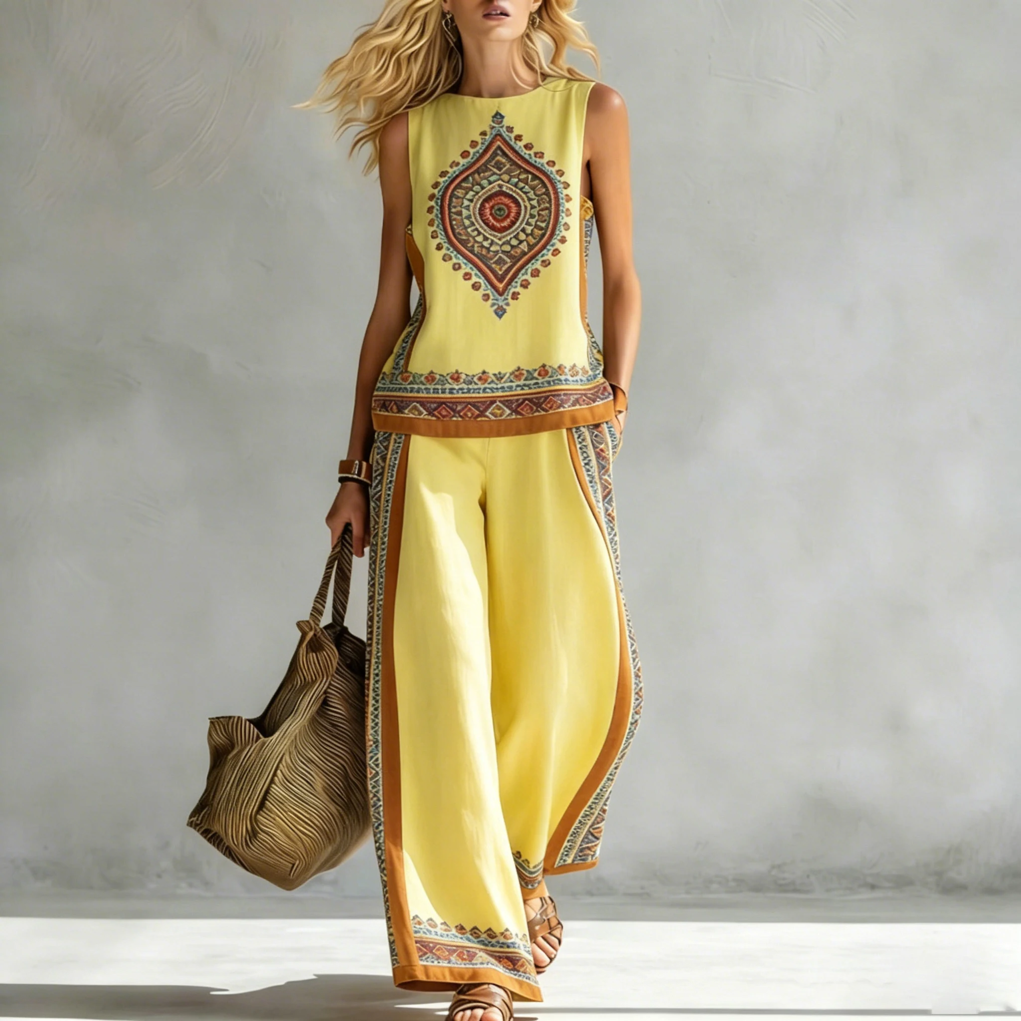 Casual Sui New Women's Tribal Geometric Print Suit O-neck Sleeveless Vest Wide-leg Loose Pants Set Female Elegant Two Piece Sets
Casual Sui New Women's Tribal Geometric Print Suit O-neck Sleeveless Vest Wide-leg Loose Pants Set Female Elegant Two Piece Sets