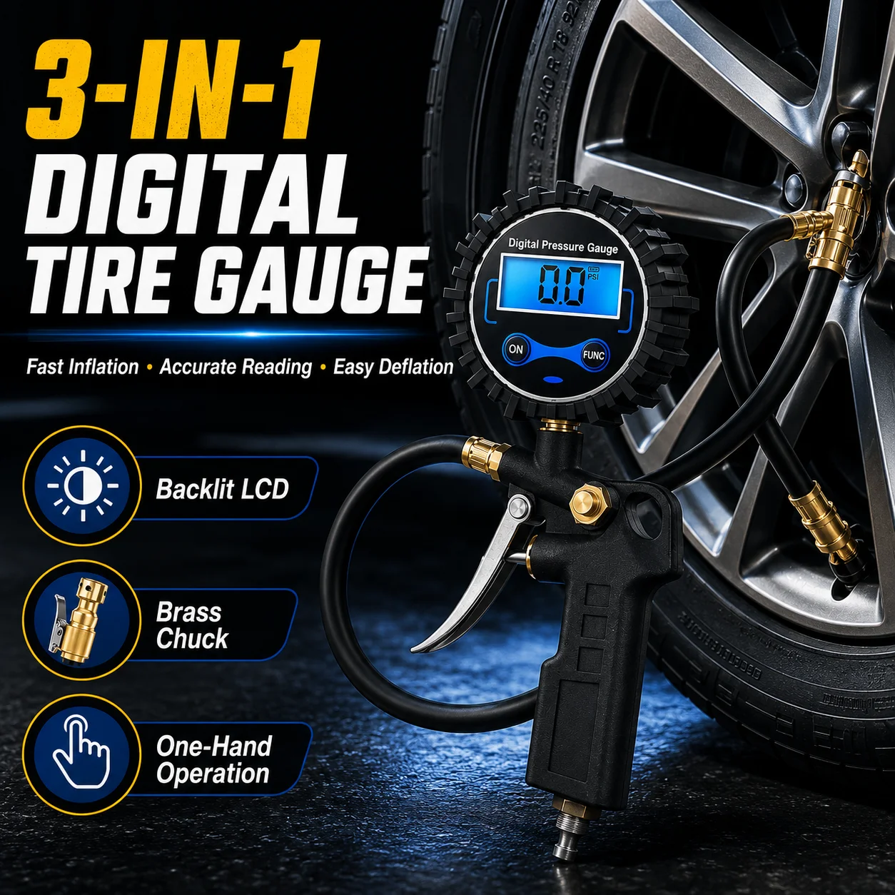Digital Tire Pressure Gauge Inflator Deflator Tool Metal ABS Air Chuck with LCD Display for Car Truck Motorcycle Tire Care Kit
Digital Tire Pressure Gauge Inflator Deflator Tool Metal ABS Air Chuck with LCD Display for Car Truck Motorcycle Tire Care Kit