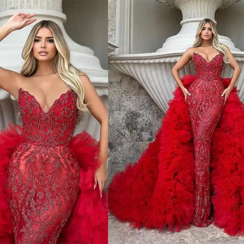Gorgeous Red Mermaid Evening Dress V Neck Sleeveless Sequins Prom Gowns Detachable Sweep Train Party Dresses Customized
Gorgeous Red Mermaid Evening Dress V Neck Sleeveless Sequins Prom Gowns Detachable Sweep Train Party Dresses Customized