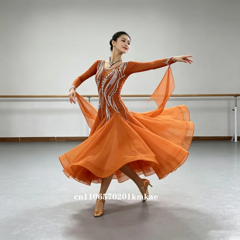 Women's Orange Long Sleeve Rhinestone Ballroom Competition Dress, Modern Waltz Tango Flowy Standard Dancewear
Women's Orange Long Sleeve Rhinestone Ballroom Competition Dress, Modern Waltz Tango Flowy Standard Dancewear