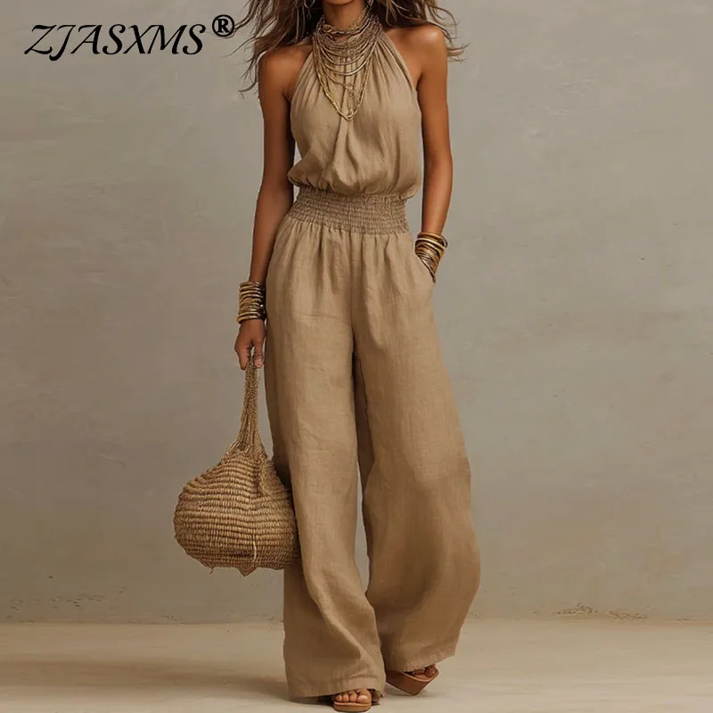 Women Tie-up Halter Backless Hollow Jumpsuit Summer Casual Sleeveless Smocked Waist Wide Leg Romper Boho Beach Vacation Overalls
Women Tie-up Halter Backless Hollow Jumpsuit Summer Casual Sleeveless Smocked Waist Wide Leg Romper Boho Beach Vacation Overalls