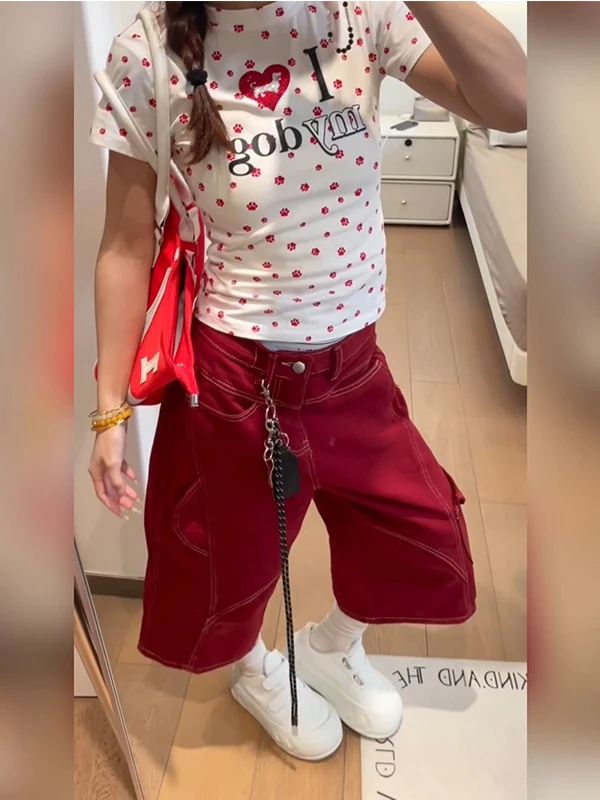 Modern Retro American Red Denim Seven-Foot Pants Women's Summer Workwear Shorts with Pockets High Waist Wide Leg Jeans
Modern Retro American Red Denim Seven-Foot Pants Women's Summer Workwear Shorts with Pockets High Waist Wide Leg Jeans