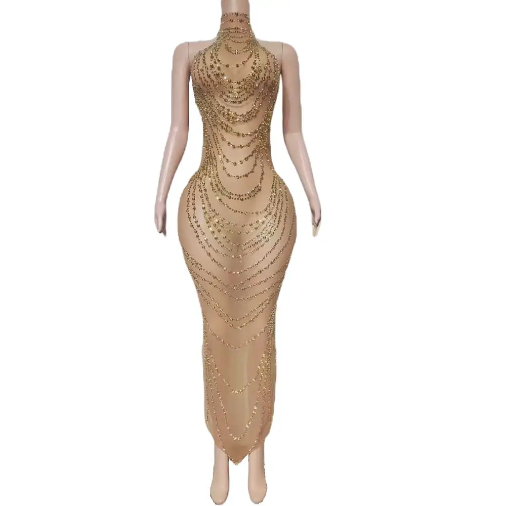 Sparkly Gold Rhinestones Long Dress Sexy Mesh Transparent Evening Prom Celebrate Birthday Dress for Women Photo Shoot Wear
Sparkly Gold Rhinestones Long Dress Sexy Mesh Transparent Evening Prom Celebrate Birthday Dress for Women Photo Shoot Wear