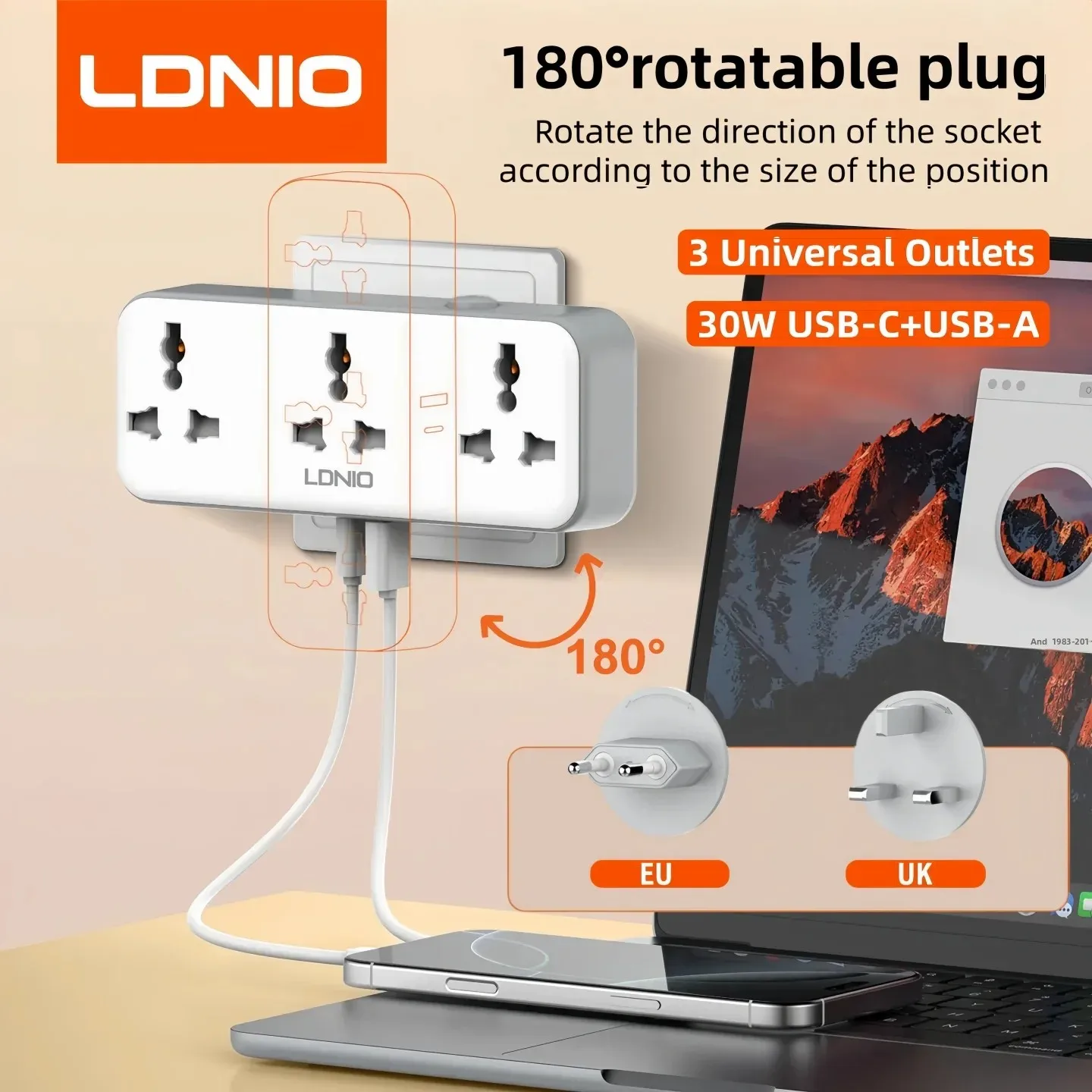 LDNIO 180° Rotating Wall Outlet Extender USB Type-C PD30W EU/UK/KR to Universal Socket Converter No Cord Home Travel Power Strip
LDNIO 180° Rotating Wall Outlet Extender USB Type-C PD30W EU/UK/KR to Universal Socket Converter No Cord Home Travel Power Strip