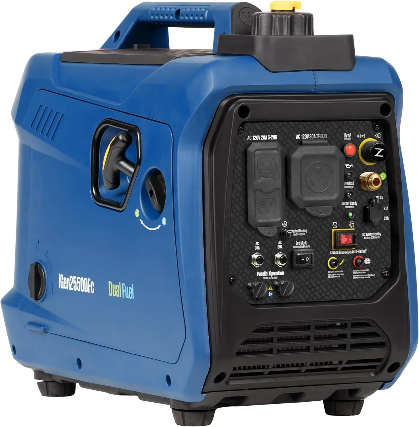 2550W Portable Inverter Generator, Dual Fuel Gas/Propane, RV Ready 30A Outlet, CO Sensor
2550W Portable Inverter Generator, Dual Fuel Gas/Propane, RV Ready 30A Outlet, CO Sensor
