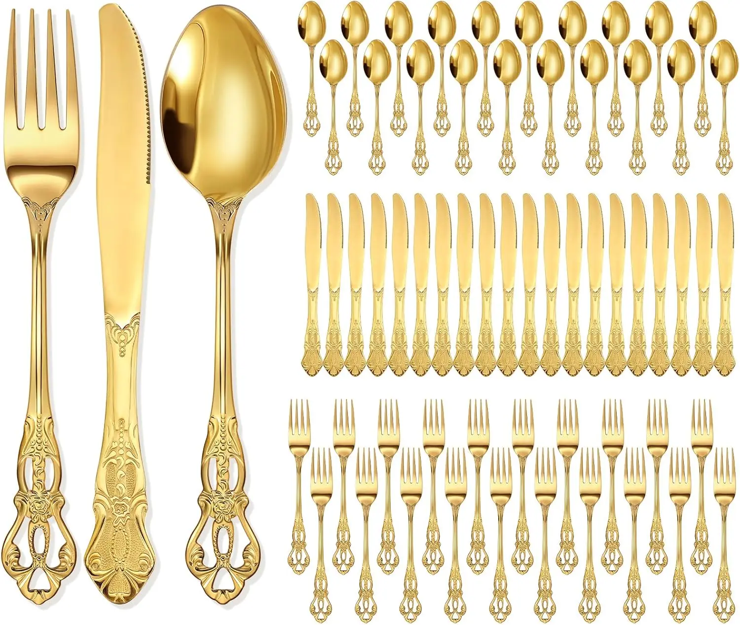 60-Piece Retro Royal Gold Silverware Set, Stainless Steel Flatware with Vintage Hollow Relief Design for Home Wedding Parties
60-Piece Retro Royal Gold Silverware Set, Stainless Steel Flatware with Vintage Hollow Relief Design for Home Wedding Parties