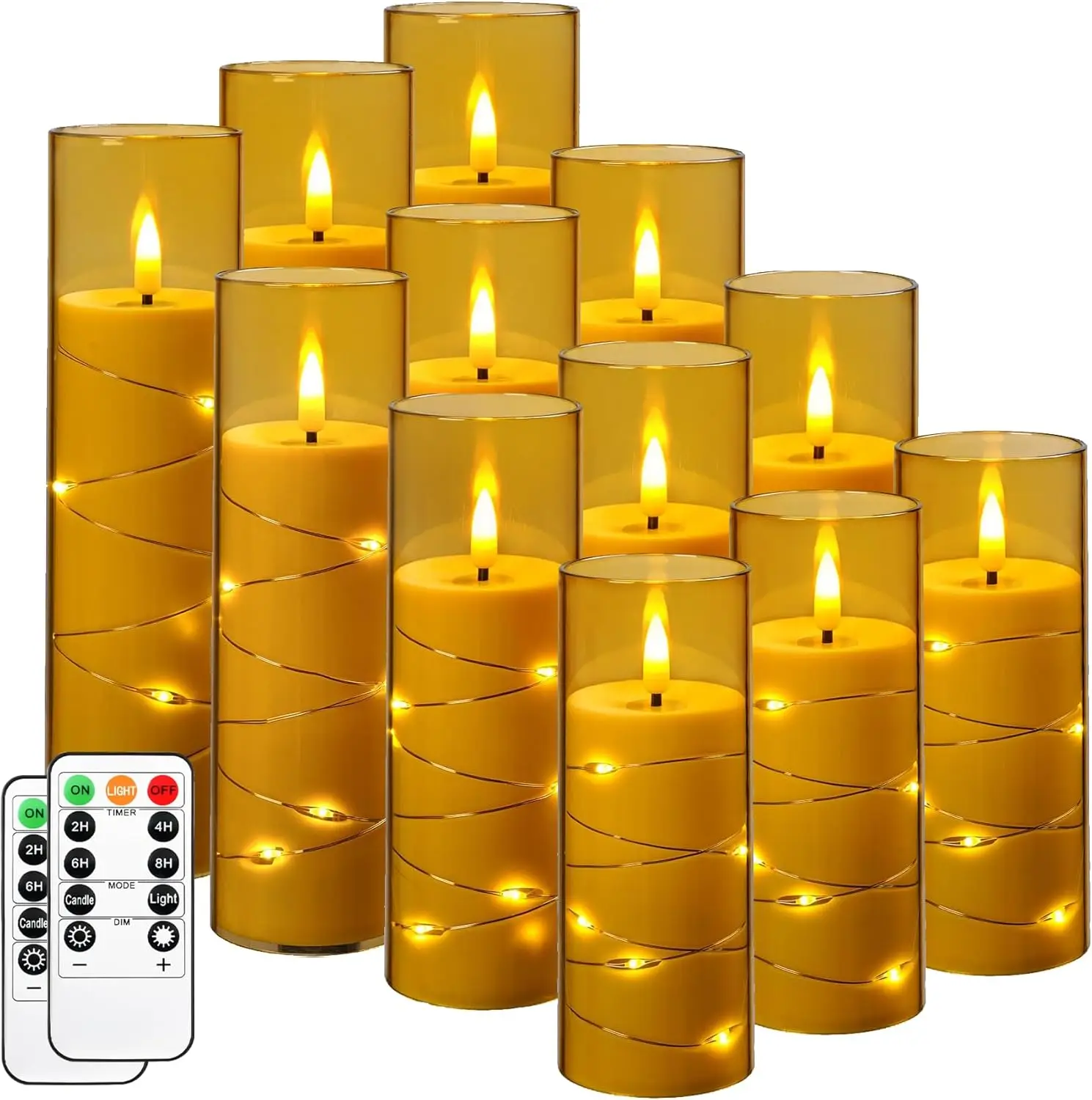 Flameless LED Candles with Remote, Timer, and String Lights - Set of 12 Golden Pillar Candles for Home Decor
Flameless LED Candles with Remote, Timer, and String Lights - Set of 12 Golden Pillar Candles for Home Decor