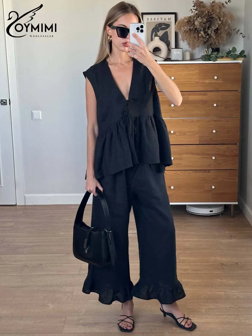 Oymimi Elegant Black Cotton 2 Pieces Set For Woman Fashion V-Neck Sleeveless Lace-Up Tank Tops + Ruffled Ankle-Length Pants Sets
Oymimi Elegant Black Cotton 2 Pieces Set For Woman Fashion V-Neck Sleeveless Lace-Up Tank Tops + Ruffled Ankle-Length Pants Sets