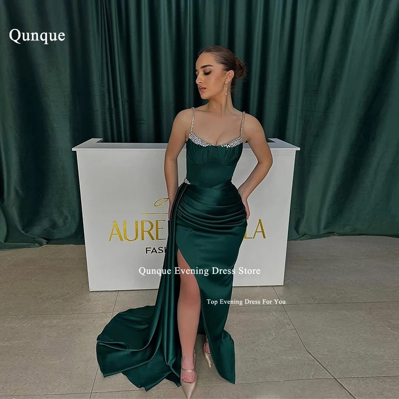 Qunque Spaghetti Straps Satin Pleat Prom Dresses High Side Split Crystals Evening Party Gowns Mermaid Robe De Soirée Customized
Qunque Spaghetti Straps Satin Pleat Prom Dresses High Side Split Crystals Evening Party Gowns Mermaid Robe De Soirée Customized
