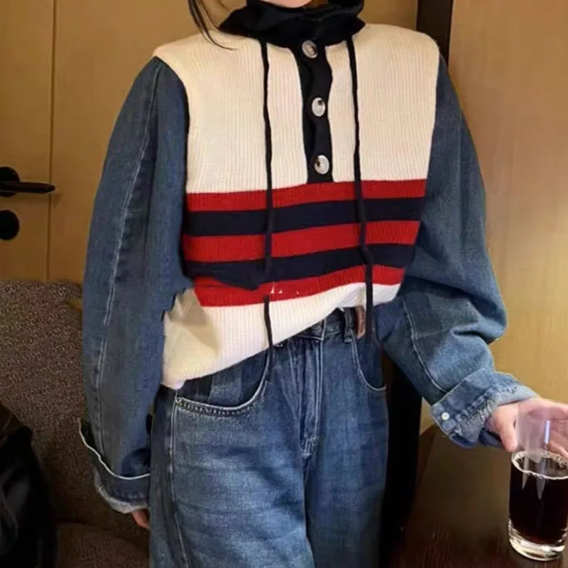 Striped Autumn and Winter New Knitted Pulloverm Collar, Denim Sleevesn Spliced Artistic Sweater Women's Outerwear
Striped Autumn and Winter New Knitted Pulloverm Collar, Denim Sleevesn Spliced Artistic Sweater Women's Outerwear