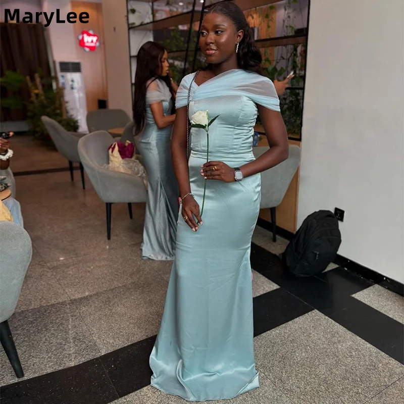 Ice Blue Satin Mermaid Bridesmaid Dress Off Shoulder Tulle Sleeves Long Formal Wedding Guest Party Gown for Women Customized
Ice Blue Satin Mermaid Bridesmaid Dress Off Shoulder Tulle Sleeves Long Formal Wedding Guest Party Gown for Women Customized
