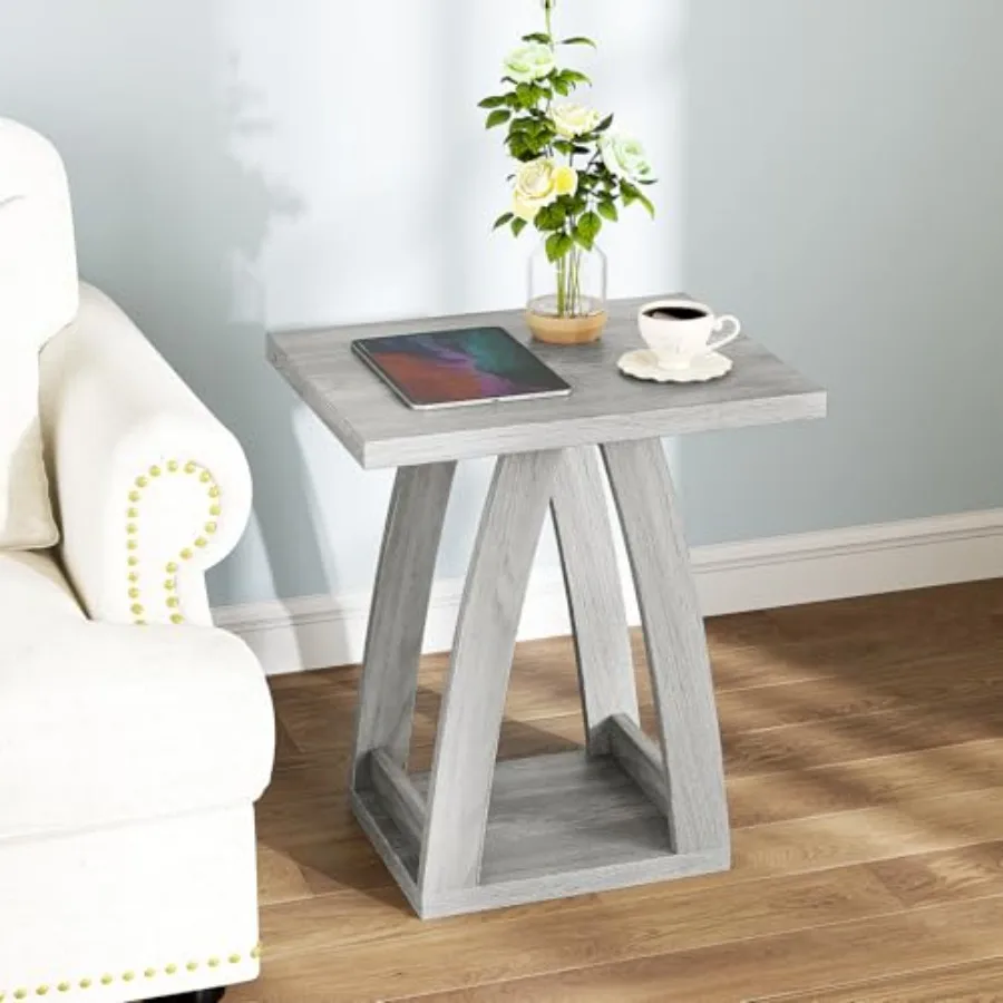 Living Room End Tables. Grey Wood Side Table Beside Sofa with Shelf. Modern Couch Side Table for Living Room Use.
Living Room End Tables. Grey Wood Side Table Beside Sofa with Shelf. Modern Couch Side Table for Living Room Use.