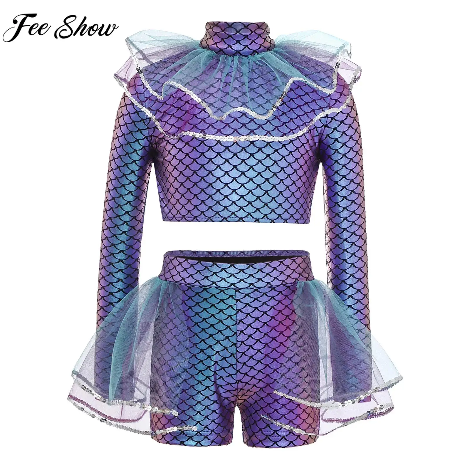 Girls Halloween Carnival Mermaid Cosplay Costume Shiny Fish Scales Print Mesh Crop Top with Shorts for Ballet Skating Jazz Dance
Girls Halloween Carnival Mermaid Cosplay Costume Shiny Fish Scales Print Mesh Crop Top with Shorts for Ballet Skating Jazz Dance