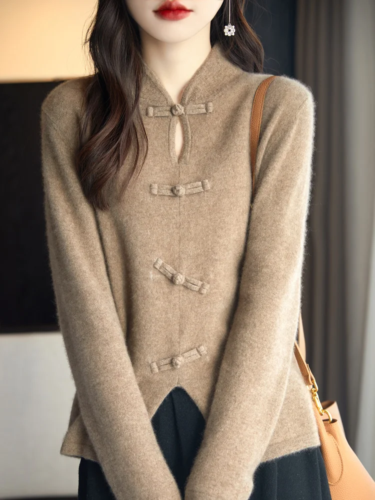 Chinese Style Solid Color Sweater Autumn Winter Women's Thick Soft Warm Pullover 100% Merino Wool Knitwear knot button Retro Top
Chinese Style Solid Color Sweater Autumn Winter Women's Thick Soft Warm Pullover 100% Merino Wool Knitwear knot button Retro Top