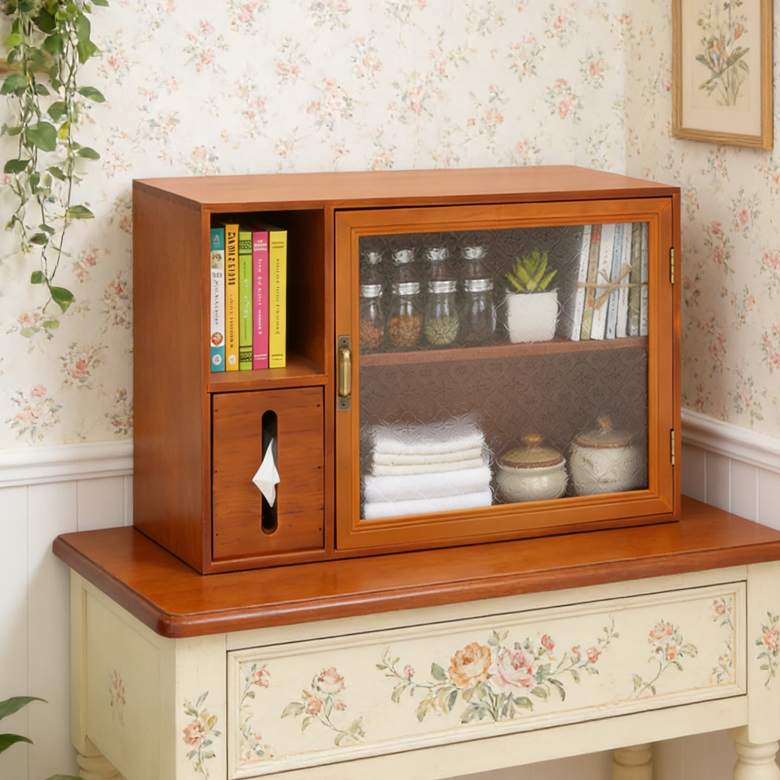 Pine Wood Storage Cabinet, 2-Tier Retro Countertop Storage Rack with Side Tissue Holder & Open Shelf for Home Office
Pine Wood Storage Cabinet, 2-Tier Retro Countertop Storage Rack with Side Tissue Holder & Open Shelf for Home Office