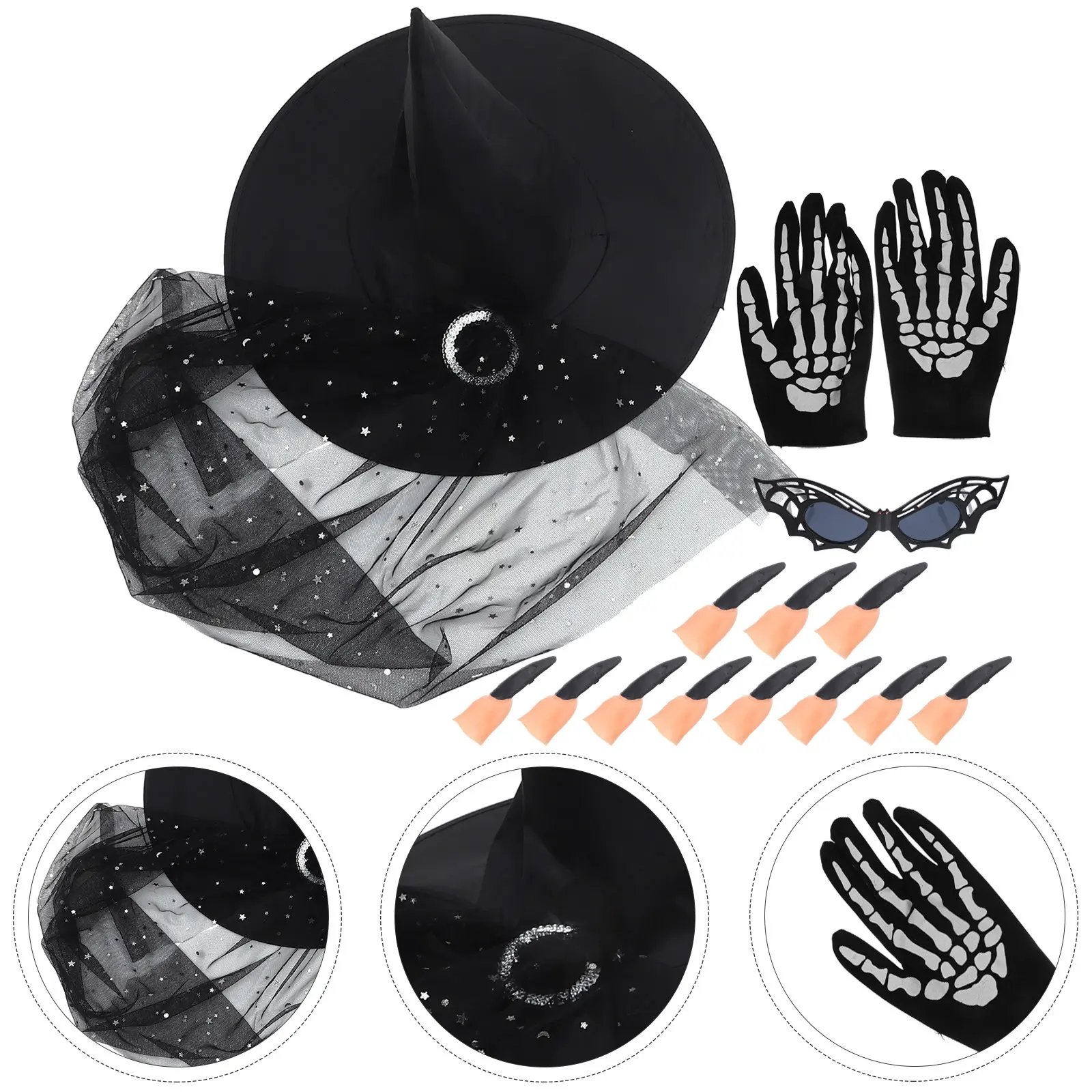 1Set Witch Hat Prop Halloween Costume Set Glasses Gloves Fake Nail Cosplay Accessories Party Dress Up Supplies
1Set Witch Hat Prop Halloween Costume Set Glasses Gloves Fake Nail Cosplay Accessories Party Dress Up Supplies