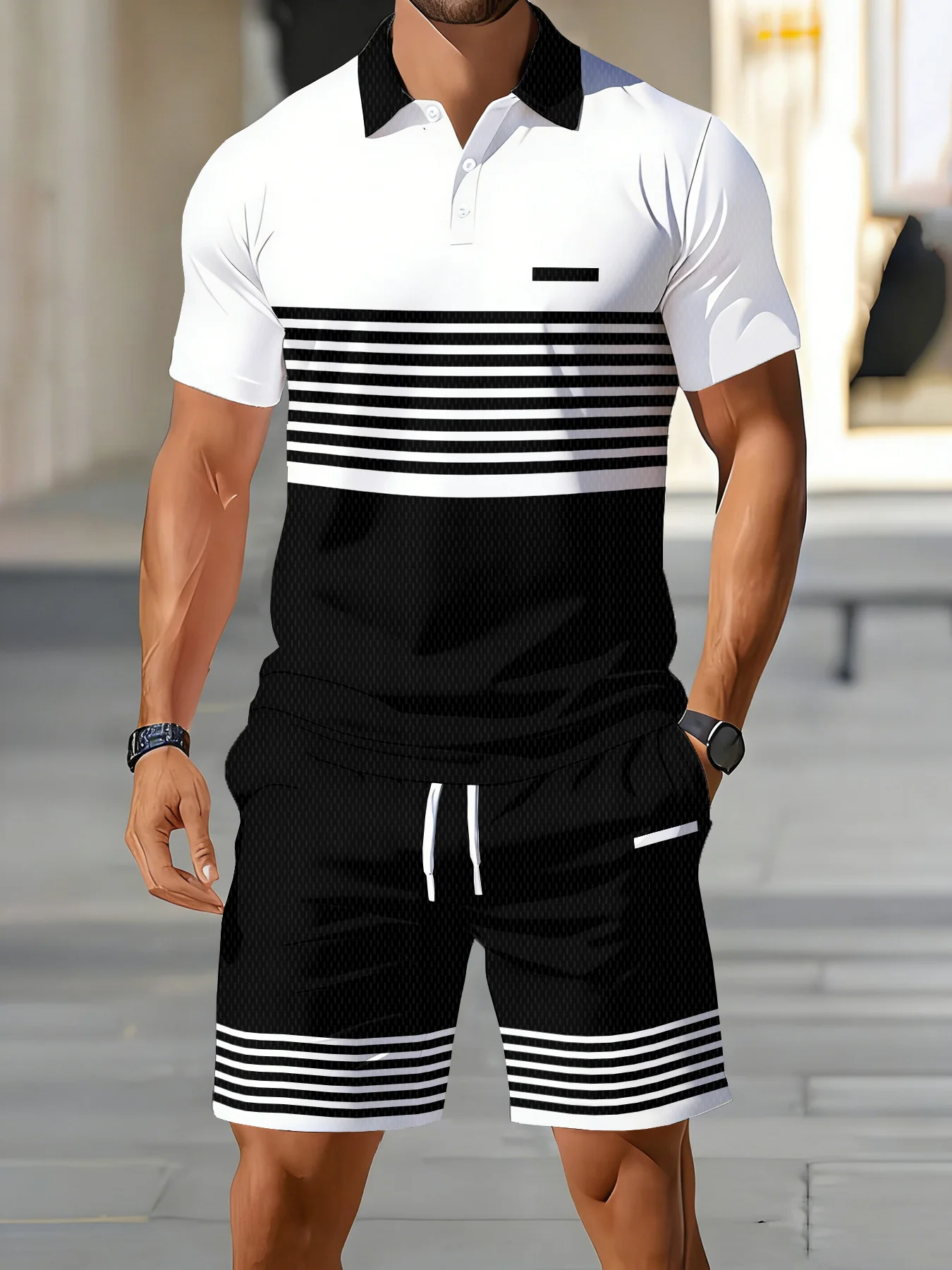 Fashion Men's Polo Shirt Sets Funny Striped Print Short Sleeve Tees and Shorts 2 Piece Summer Sports Outfit Casual Men Clothing
Fashion Men's Polo Shirt Sets Funny Striped Print Short Sleeve Tees and Shorts 2 Piece Summer Sports Outfit Casual Men Clothing