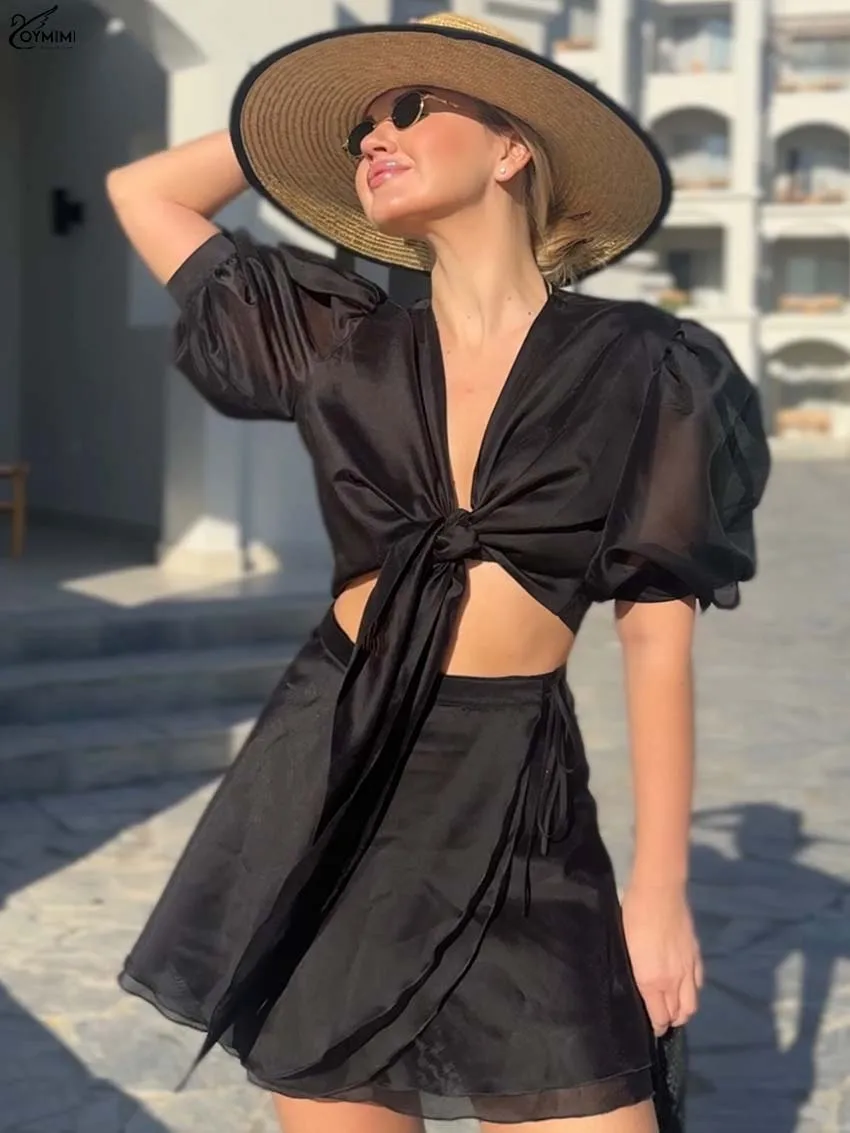 Oymimi Summer Black Thin Set Woman 2 Piece Casual V-Neck Short Sleeve Lace-Up Crop Top And High Waisted Lace-Up Mini Skirts Sets
Oymimi Summer Black Thin Set Woman 2 Piece Casual V-Neck Short Sleeve Lace-Up Crop Top And High Waisted Lace-Up Mini Skirts Sets