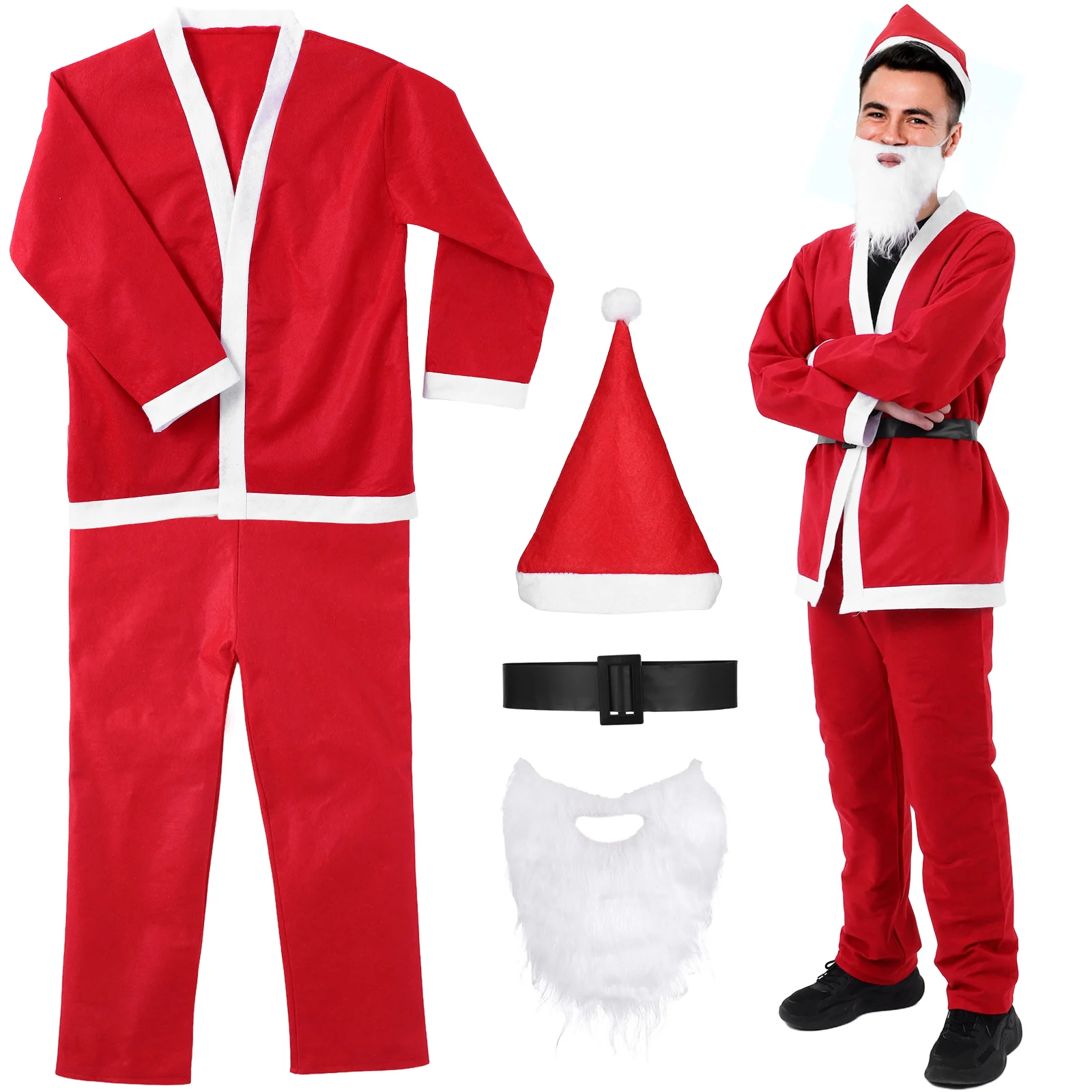 5 Pcs Christmas Santa Claus Costume for Men Red Suit with Hat Beard Belt Pants Vacation Fun Accessories Cosplay Wear
5 Pcs Christmas Santa Claus Costume for Men Red Suit with Hat Beard Belt Pants Vacation Fun Accessories Cosplay Wear