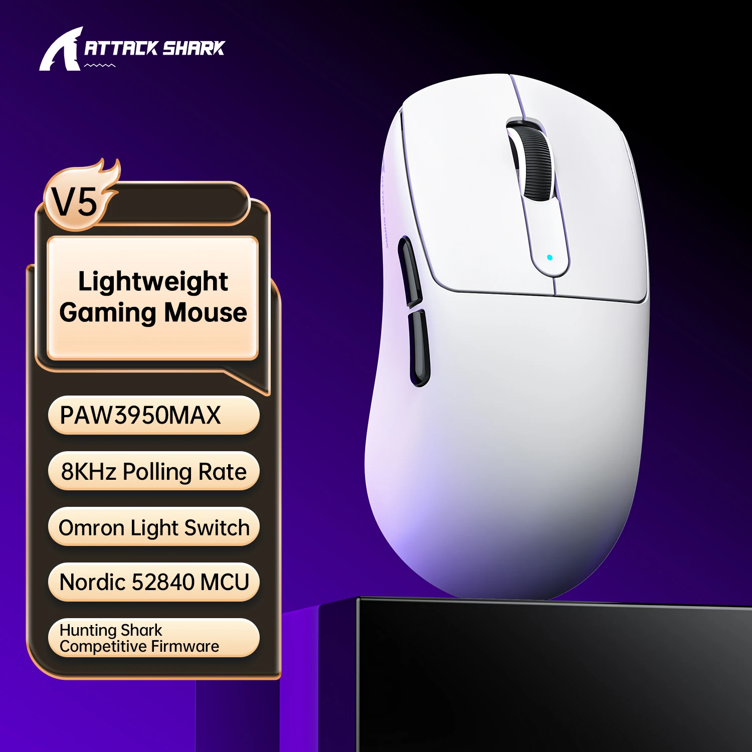 Беспроводная игровая мышь ATTACK SHARK V5, 55 г, сверхлегкая большая батарея PAW3950MAX, датчик 42 КБ DPI, частота отката, 8000 Гц, трехрежимный
Беспроводная игровая мышь ATTACK SHARK V5, 55 г, сверхлегкая большая батарея PAW3950MAX, датчик 42 КБ DPI, частота отката, 8000 Гц, трехрежимный