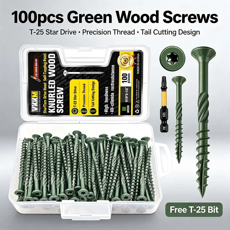 VKKM 100Pcs #10x2.5" Green Wood Screws – T25 Star Drive, Self-Tapping, All-Weather Rust Proof for Decks, Fences & Outdoor Framing
VKKM 100Pcs #10x2.5" Green Wood Screws – T25 Star Drive, Self-Tapping, All-Weather Rust Proof for Decks, Fences & Outdoor Framing