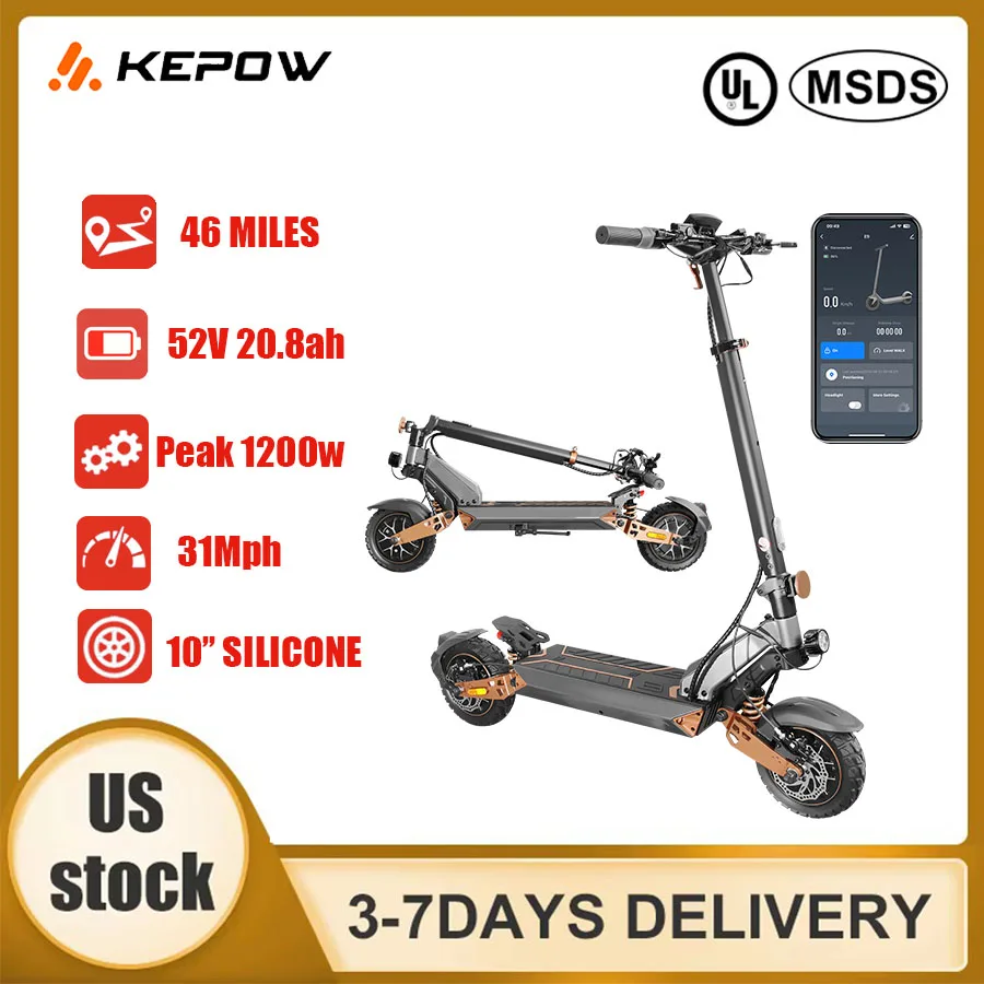 Kepow 1200W 46Miles 20.8AH 52V Foldable E-Scooter for Adults Max Speed 31MPH 10"Off-Road Tires US Stock Factory Direct
Kepow 1200W 46Miles 20.8AH 52V Foldable E-Scooter for Adults Max Speed 31MPH 10"Off-Road Tires US Stock Factory Direct