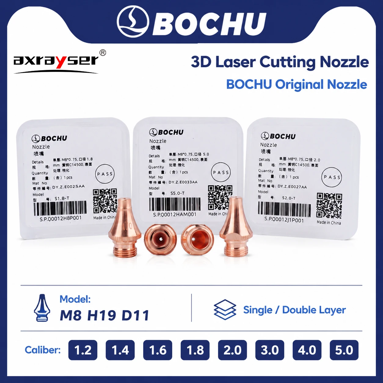 BOCHU Original 3D M8 H19 D11 Laser Cutting Nozzle Single&Double Layer For BOCI Cutting Head BLT421T BLT441T BLT520H BLT540H
BOCHU Original 3D M8 H19 D11 Laser Cutting Nozzle Single&Double Layer For BOCI Cutting Head BLT421T BLT441T BLT520H BLT540H