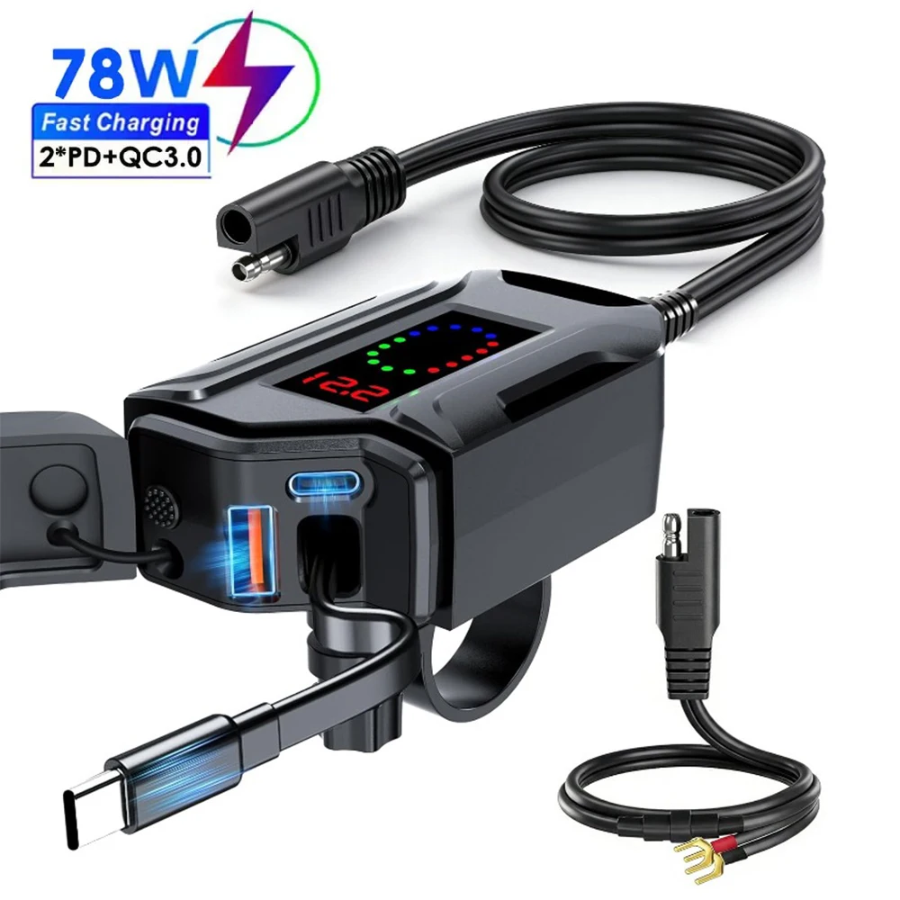 78W PD+QC3.0 Motorcycle Phone Charger Retractable Type-C Cable Waterproof 12V Power Supply Adapter with Switch Voltmeter
78W PD+QC3.0 Motorcycle Phone Charger Retractable Type-C Cable Waterproof 12V Power Supply Adapter with Switch Voltmeter