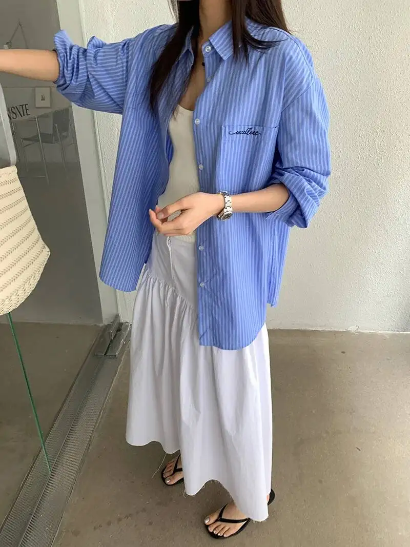 Letter Embroidery Vertical Stripe Shirt Women Spring Summer Korean Pure Cotton Loose Casual Shirts
Letter Embroidery Vertical Stripe Shirt Women Spring Summer Korean Pure Cotton Loose Casual Shirts