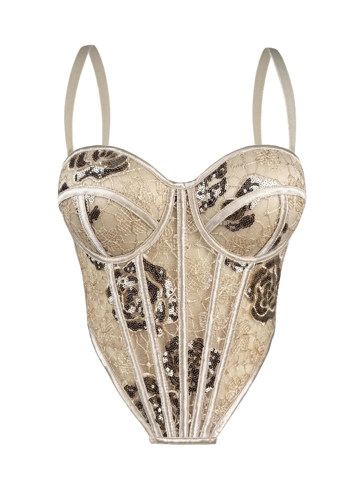 SsTss Элегантный блестящий кружевной топ-бюстье с блестками, женский корсет без рукавов с регулируемым ремешком на груди, тонкий укороченный топ на бретельках
SsTss Элегантный блестящий кружевной топ-бюстье с блестками, женский корсет без рукавов с регулируемым ремешком на груди, тонкий укороченный топ на бретельках