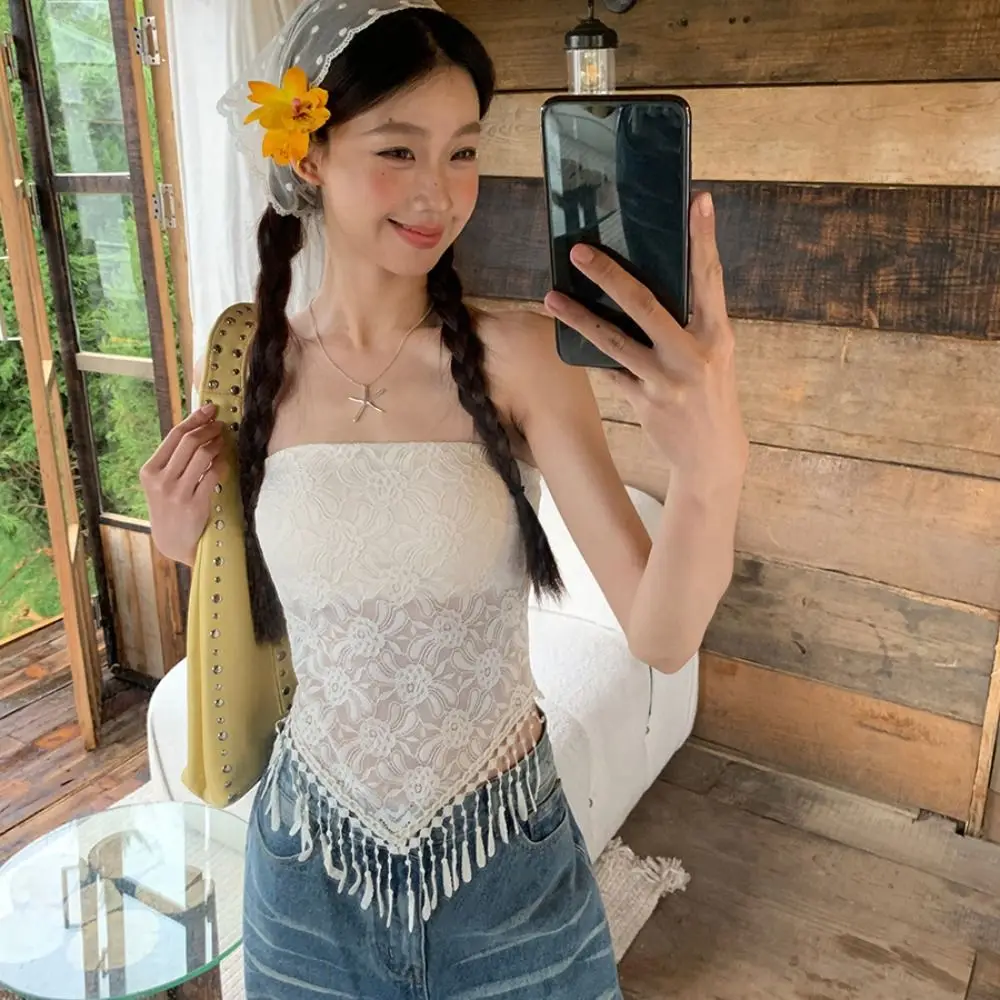Tassel Lace Mesh Camisole Seamless Off Shoulder Lace Crop Tube Top Slim Fit Bottoming Shirt Sleeveless Vest with Pads Women
Tassel Lace Mesh Camisole Seamless Off Shoulder Lace Crop Tube Top Slim Fit Bottoming Shirt Sleeveless Vest with Pads Women