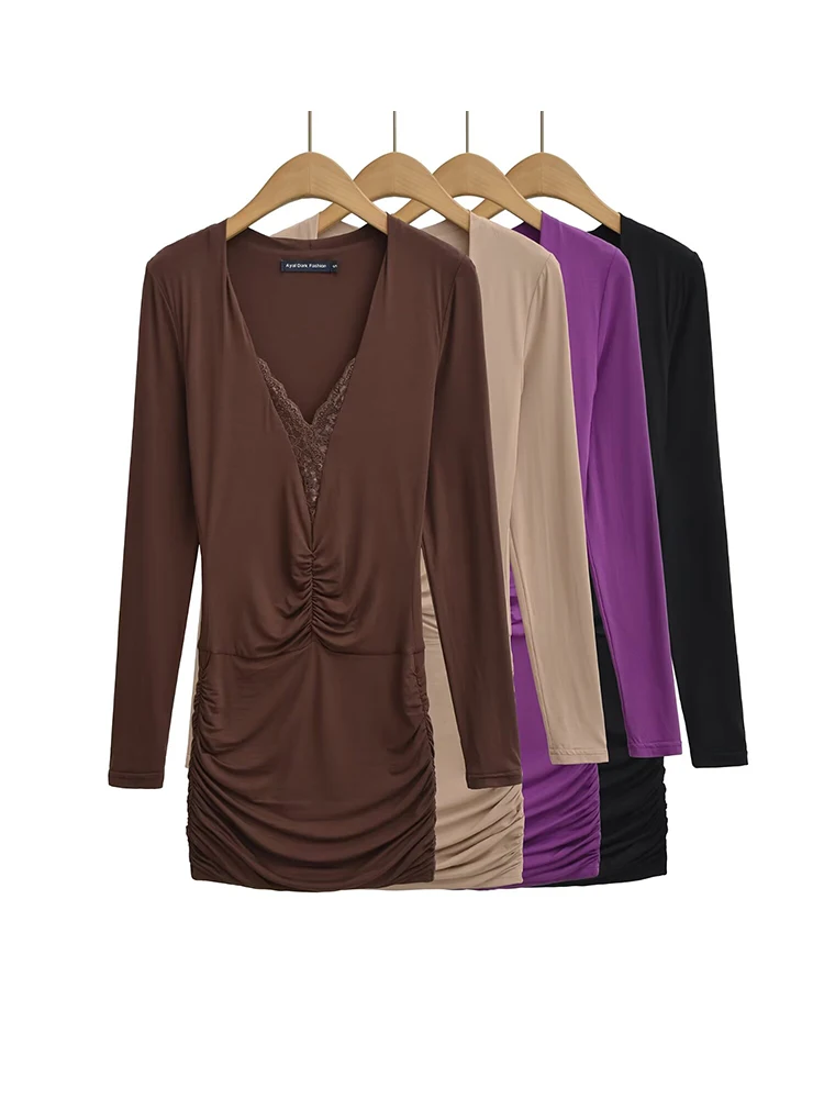 Women Lace Spliced V-neck Mini Dress Long Sleeve Ruched Elastic Slim Solid Color Dresses
Women Lace Spliced V-neck Mini Dress Long Sleeve Ruched Elastic Slim Solid Color Dresses