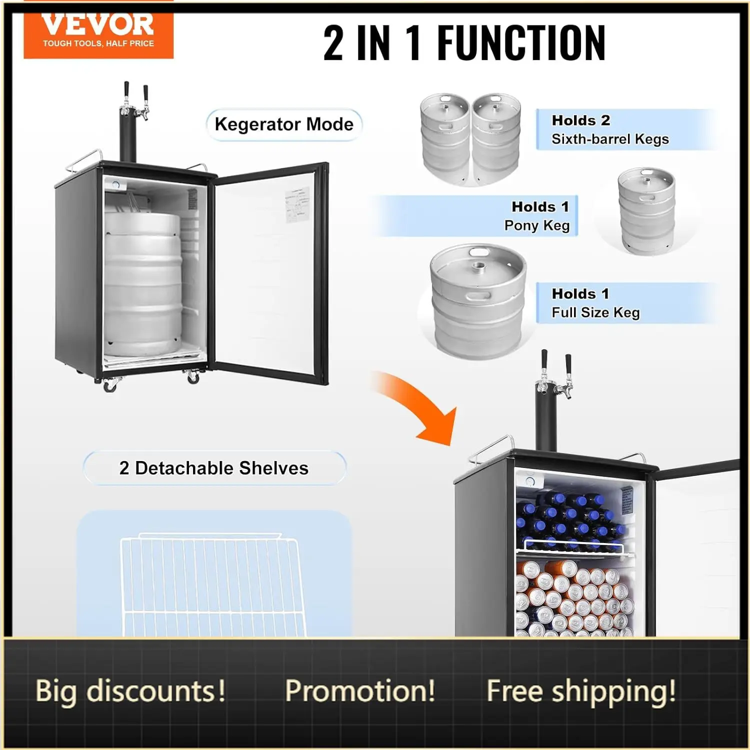 VEVOR Beer Kegerator, Dual Tap Commercial Draft Beer Dispenser for D system, Full Size Keg Refrigerator with 5lbs CO2 Tank, Hold
VEVOR Beer Kegerator, Dual Tap Commercial Draft Beer Dispenser for D system, Full Size Keg Refrigerator with 5lbs CO2 Tank, Hold