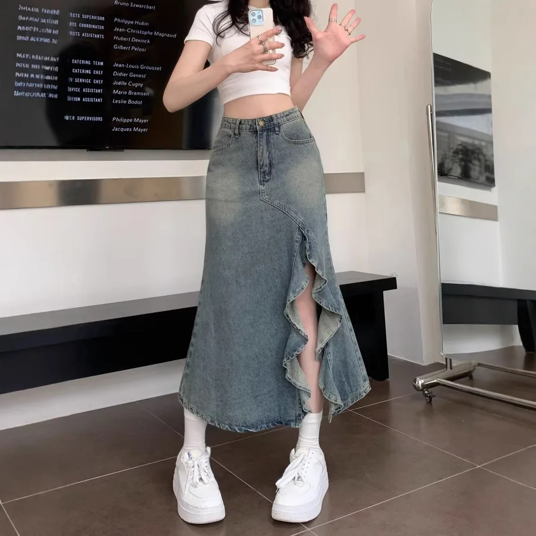 Korean High Waist Vintage Blue Denim Skirt Ladies Irregular Ruffle Slit Mermaid Midi Skirt Streetwear Bottoms
Korean High Waist Vintage Blue Denim Skirt Ladies Irregular Ruffle Slit Mermaid Midi Skirt Streetwear Bottoms