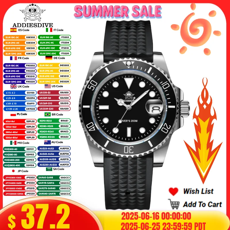 ADDIESDIVE Diver Watch European and American Business Leisure 200M C3 Super Luminous Sport Luxury Reloj Hombre Men Quartz Watch
ADDIESDIVE Diver Watch European and American Business Leisure 200M C3 Super Luminous Sport Luxury Reloj Hombre Men Quartz Watch
