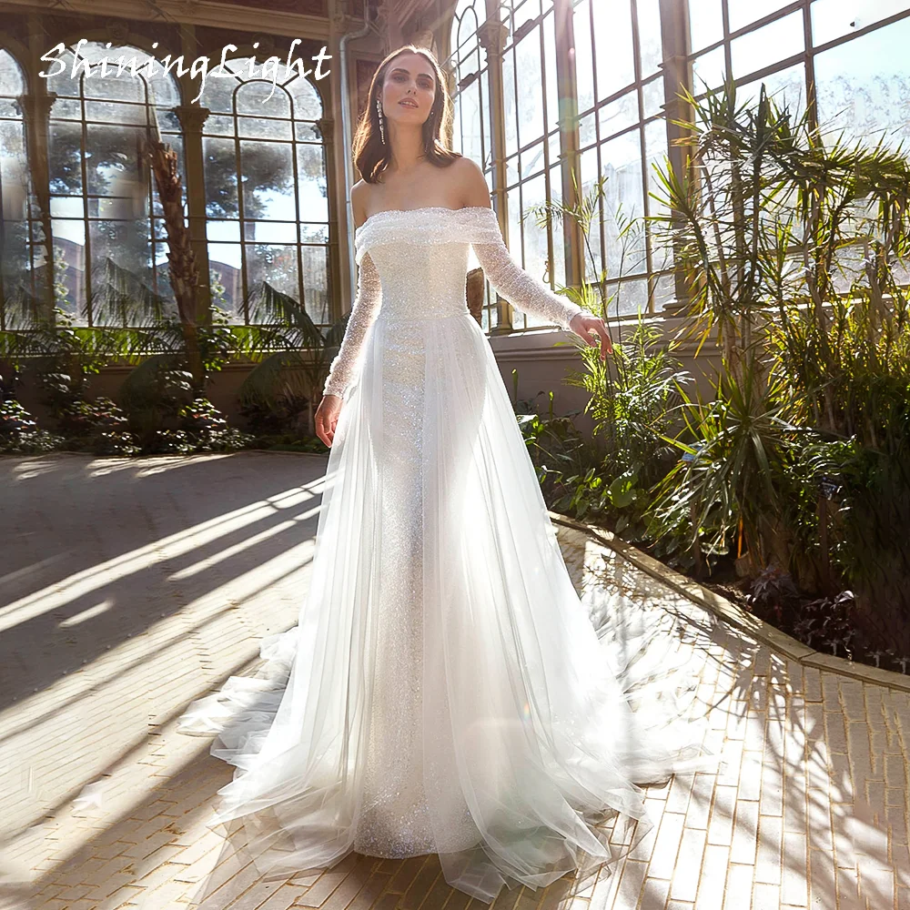 Luxury Long Mermaid Wedding Dress with Long Sleeves Off-Shoulder Strapless Giltter Tulle Shiny Sequins Bridal Gowns Customized
Luxury Long Mermaid Wedding Dress with Long Sleeves Off-Shoulder Strapless Giltter Tulle Shiny Sequins Bridal Gowns Customized