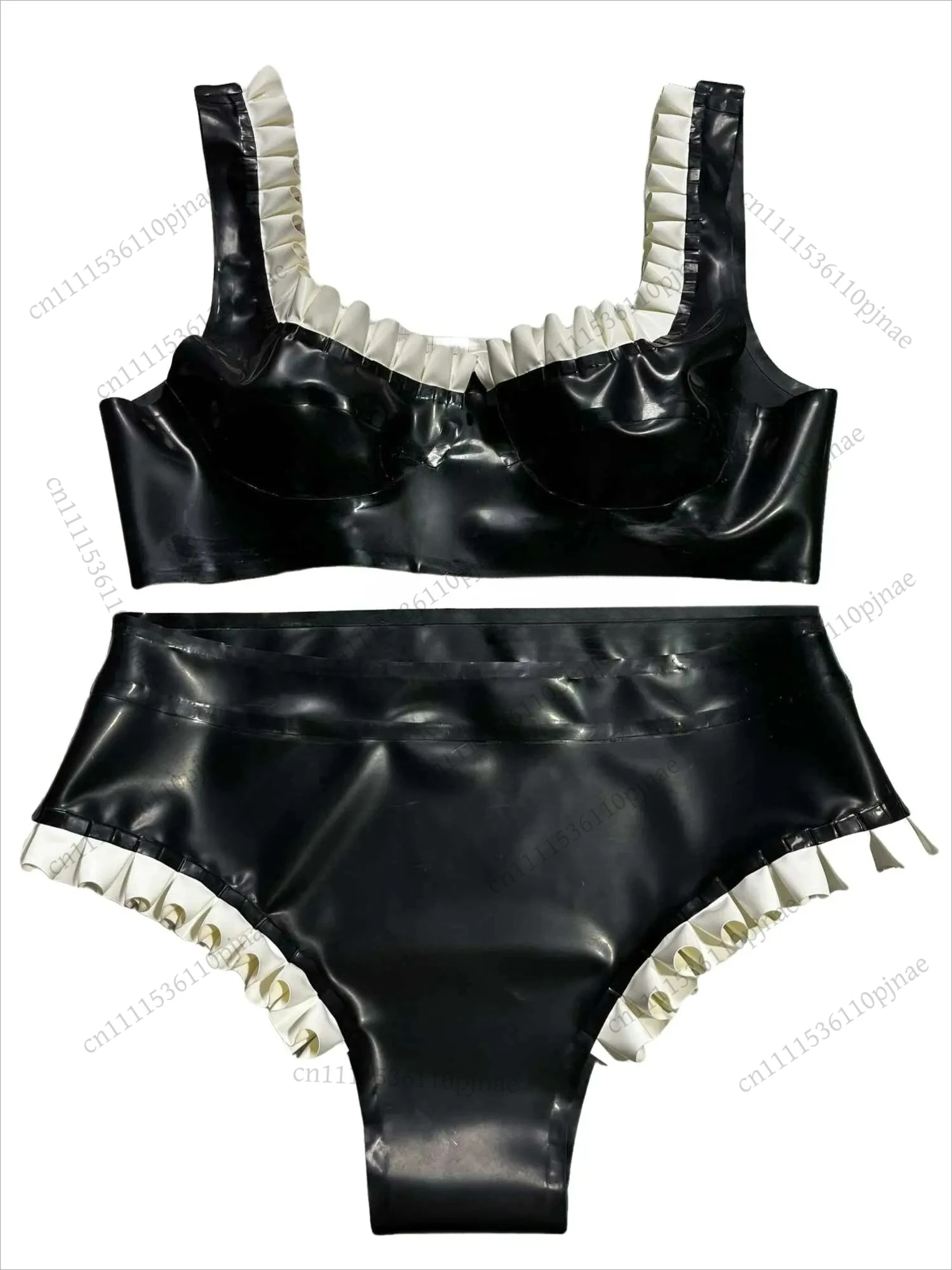 Women's Latex Wireless Bra and Panty Set with Ruffle Trim.
Women's Latex Wireless Bra and Panty Set with Ruffle Trim.