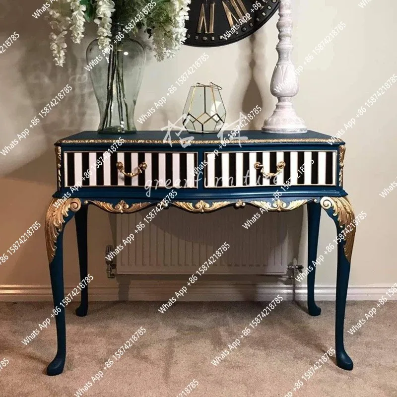 French retro Xuanguan table/European neoclassical blue and gold engraved striped drawer table/living room decoration table
French retro Xuanguan table/European neoclassical blue and gold engraved striped drawer table/living room decoration table